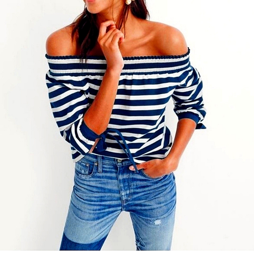 J‎ Crew Chic Off Shoulder Striped Bow Cuff Top, XS
